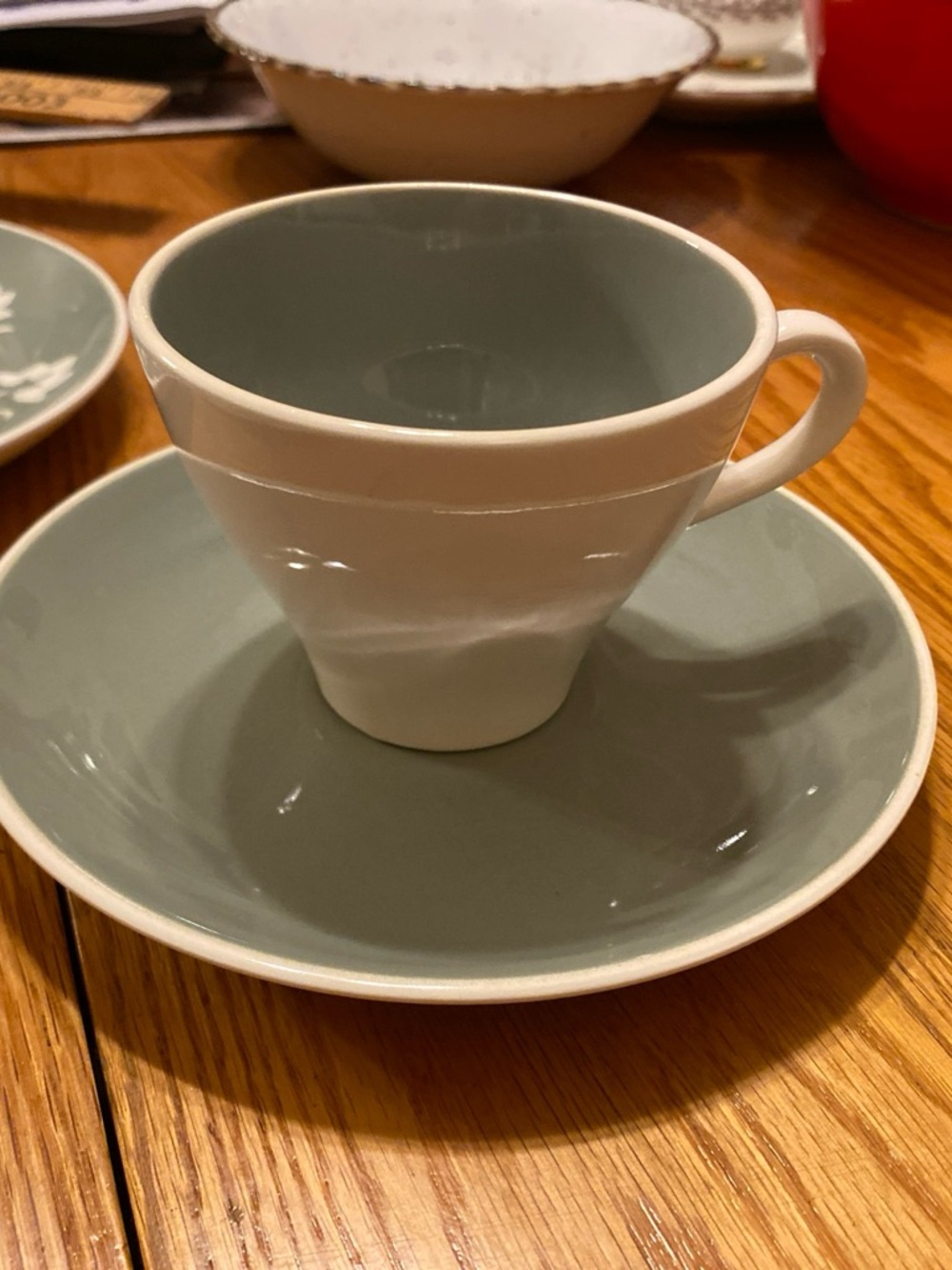 Vintage Harkerware Teacup & Saucer in Sage Green and White - ironstone